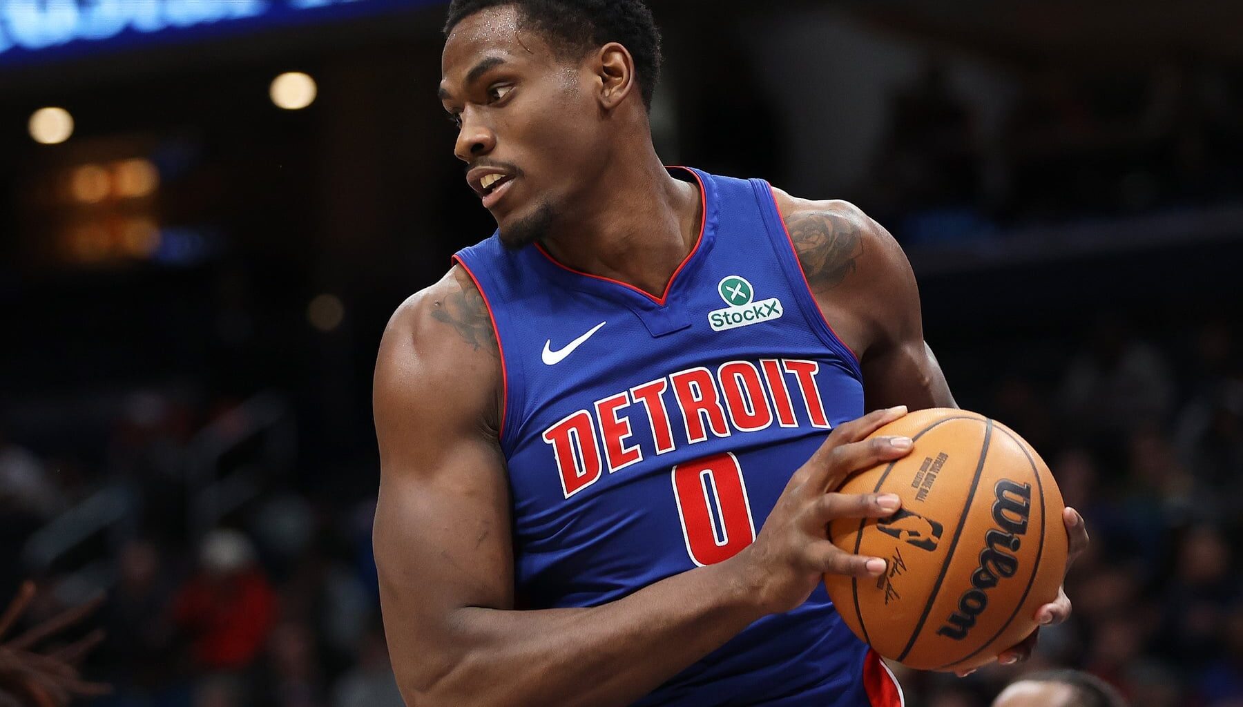Detroit Pistons center Jalen Duren (0) grabs a rebound during the second half against the Washington Wizards at Capital One Arena.