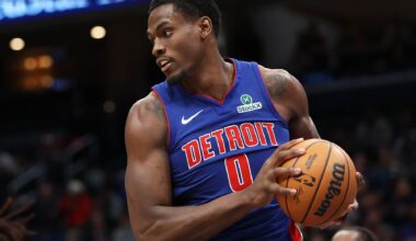 Detroit Pistons center Jalen Duren (0) grabs a rebound during the second half against the Washington Wizards at Capital One Arena.