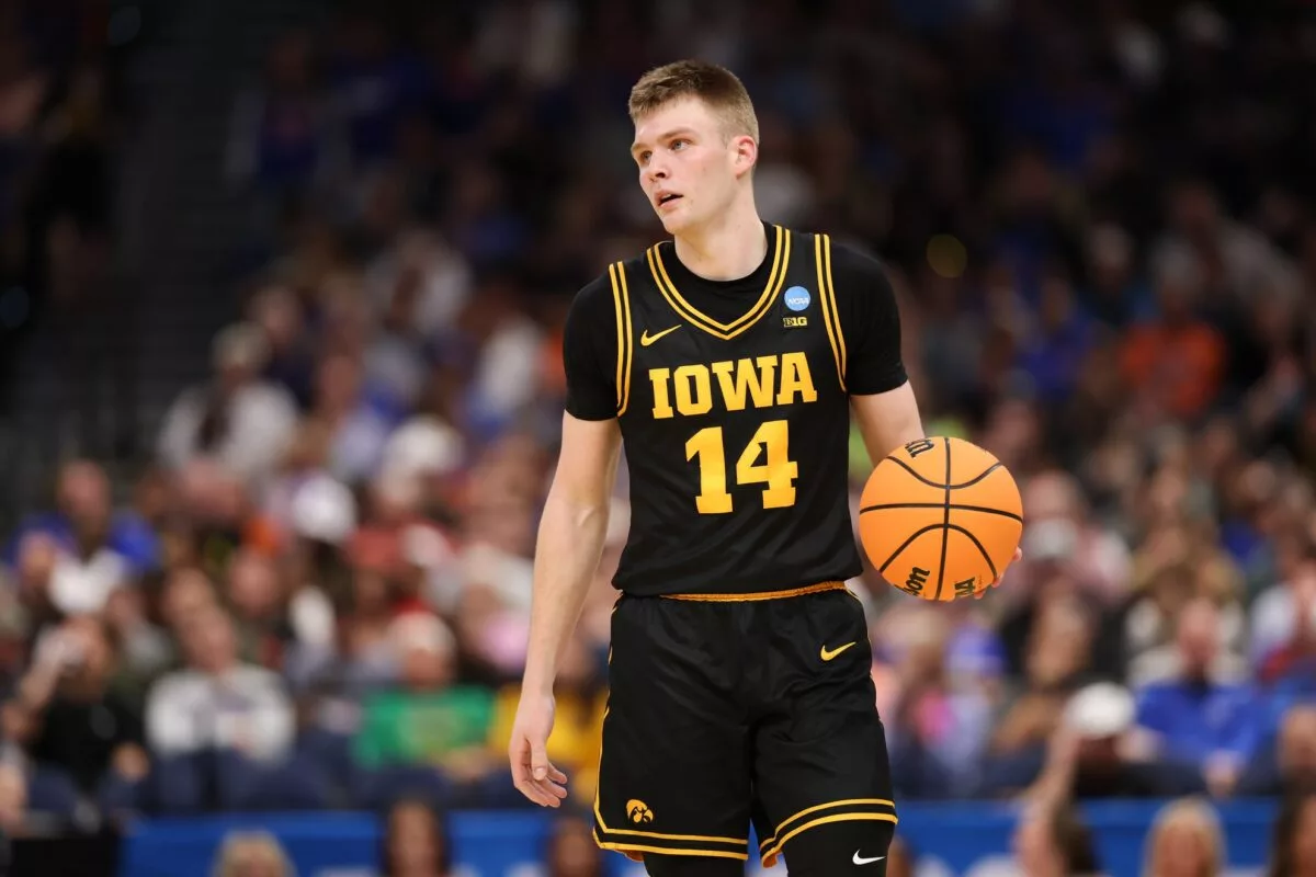 Mar 20, 2026; Tampa, FL, USA; Iowa Hawkeyes guard Bennett Stirtz (14) looks on during the second half against the Clemson Tigers during a first round game of the men's 2026 NCAA Tournament at Benchmark International Arena. Mandatory Credit: Matt Pendleton-Imagn Images