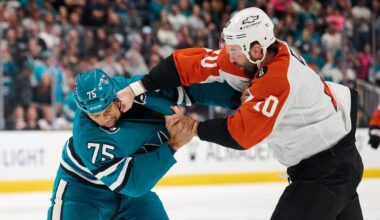 Sharks players get emotional after Ryan Reaves injures finger in fight, stays on bench