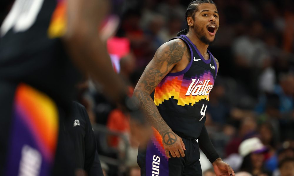 Mar 28, 2026; Phoenix, Arizona, USA; Phoenix Suns guard Jalen Green (4) against the Utah Jazz in the second half at Mortgage Matchup Center. Mandatory Credit: Mark J. Rebilas-Imagn Images