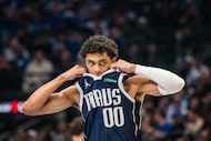 Dallas Mavericks guard Max Christie reacts during an NBA basketball game against the Memphis...
