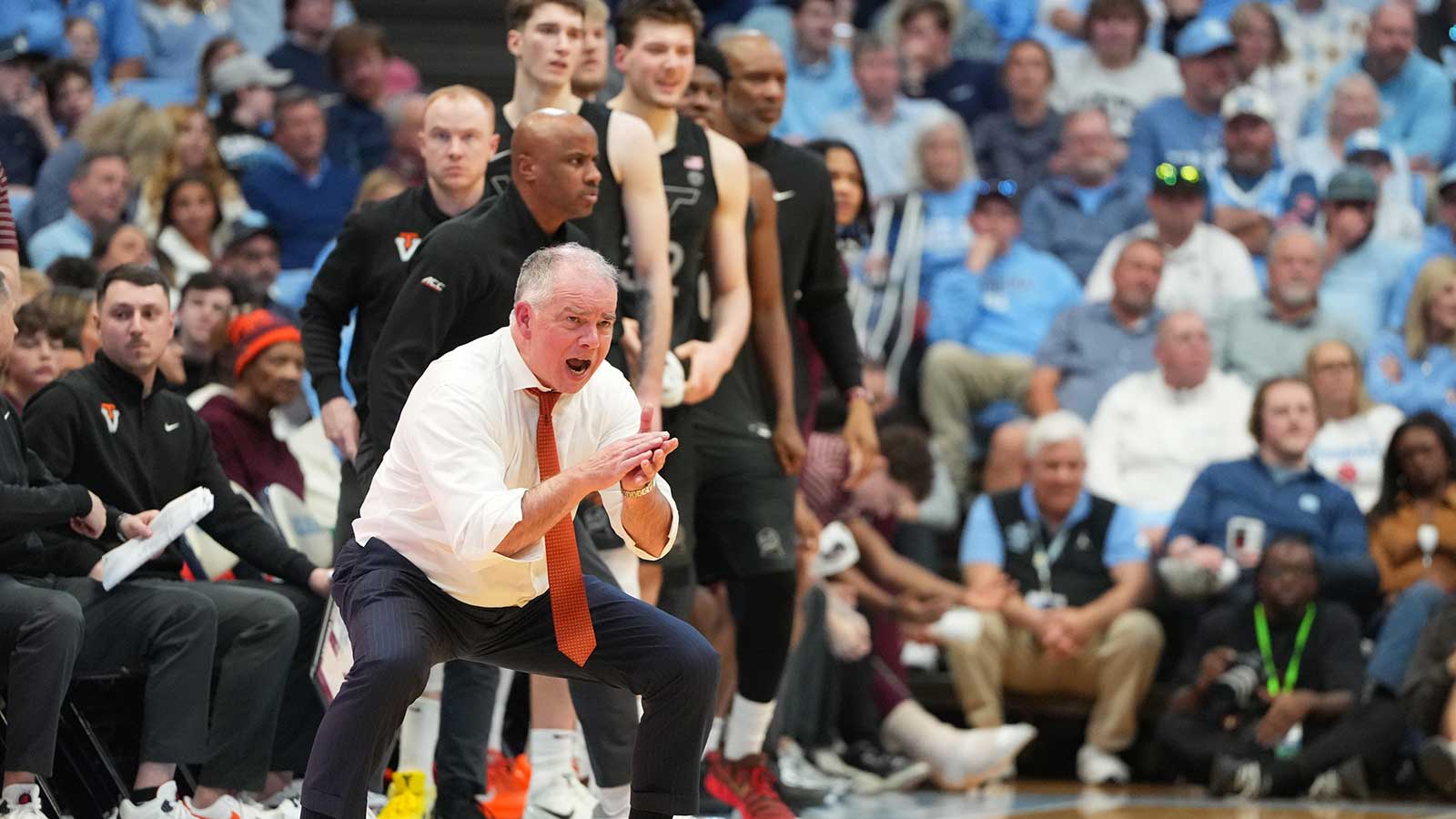 Virginia Tech Hokies head coach Mike Young reacts in the second half at Dean E. Smith Center. 