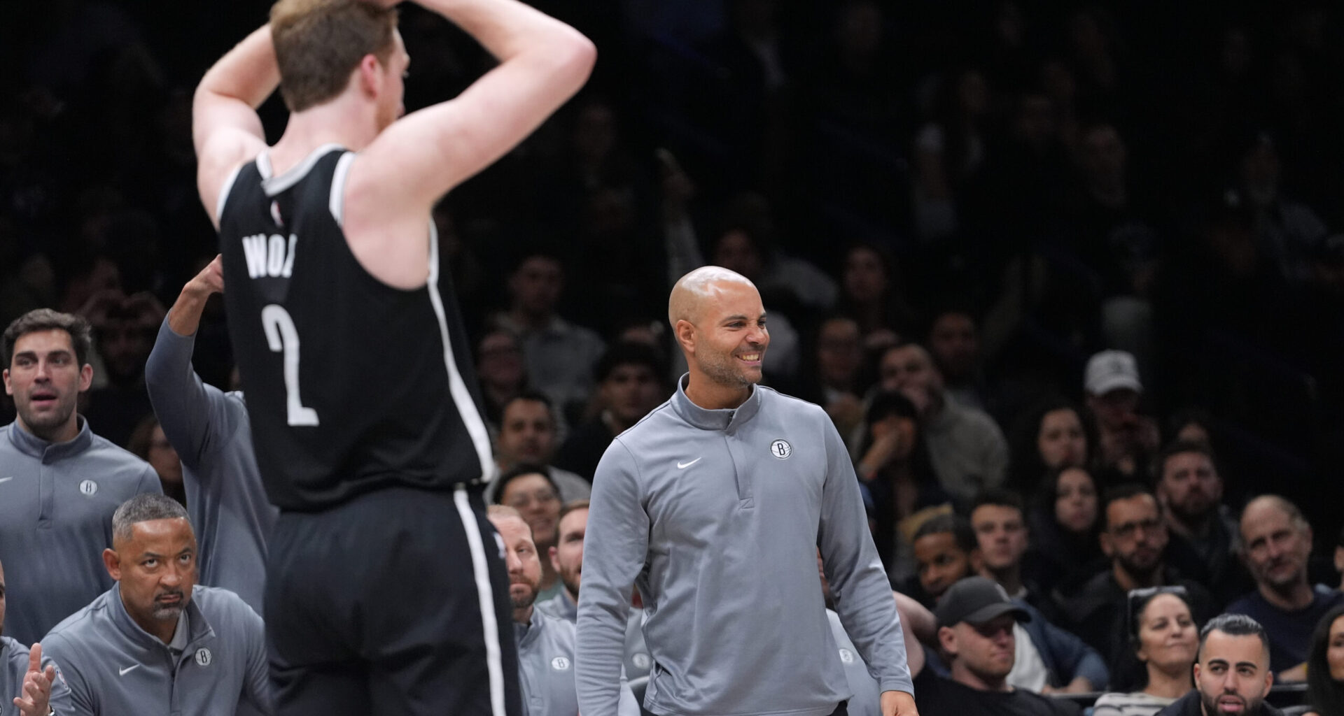Brooklyn Nets head coach Jordi Fernandez reacts after Danny Wolf (2) loses control of the ball during the second half of an NBA basketball game against the Portland Trail Blazers Monday, March 16, 2026, in New York. Photo: Frank Franklin II/AP
