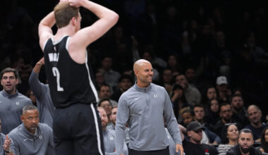 Brooklyn Nets head coach Jordi Fernandez reacts after Danny Wolf (2) loses control of the ball during the second half of an NBA basketball game against the Portland Trail Blazers Monday, March 16, 2026, in New York. Photo: Frank Franklin II/AP