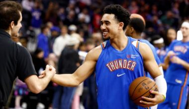 Oklahoma City Thunder guard Jared McCain warms up before the game.