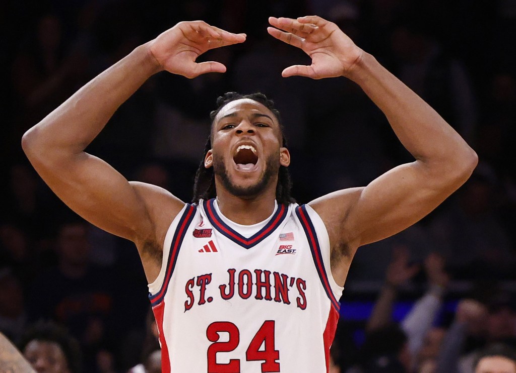 Zuby Ejiofor celebrates late in St. John's 72-52 Big East title-clinching victory over UConn on March 14, 2026 at the Garden.