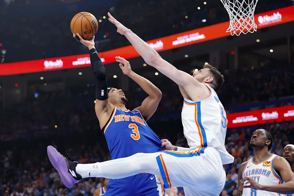 Mar 29, 2026; Oklahoma City, Oklahoma, USA; New York Knicks guard Josh Hart (3) shoots as Oklahoma City Thunder center Isaiah Hartenstein (55) defends during the first half at Paycom Center. Mandatory Credit: Alonzo Adams-Imagn Images