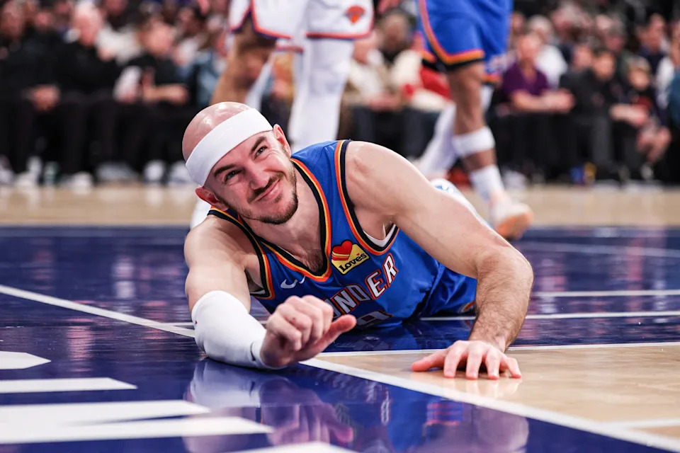 Mar 4, 2026; New York, New York, USA; Oklahoma City Thunder guard Alex Caruso (9) reacts after being fouled during the first half against the New York Knicks at Madison Square Garden. Mandatory Credit: Vincent Carchietta-Imagn Images