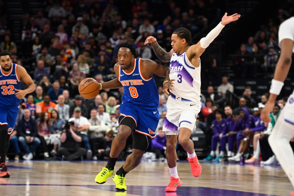 OG Anunoby of the New York Knicks dribbles the ball during the game against the Utah Jazz on March 11, 2026 at Delta Center in Salt Lake City. NBAE via Getty Images