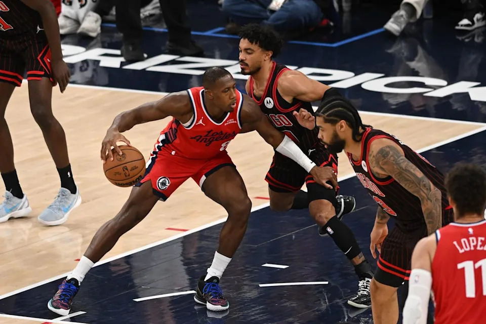 Los Angeles Clippers guard Kris Dunn (8) posts up during a game between the Los Angeles Clippers and the Chicago Bulls on Friday, March 13, 2026 at Intuit Dome in Inglewood Calif