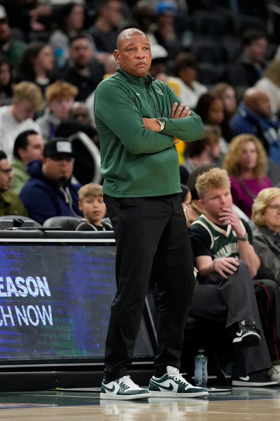 Milwaukee Bucks head coach Doc Rivers looks on during the second quarter against the San Antonio Spurs at Fiserv Forum.