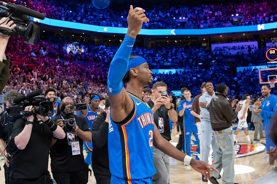 Mar 9, 2026; Oklahoma City, Oklahoma, USA; Oklahoma City Thunder guard Shai Gilgeous-Alexander (2) gestures and walks around the court after sinking a game winner 3 pointer basket against the Denver Nuggets during the second half at Paycom Center. Mandatory Credit: Alonzo Adams-Imagn Images