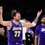 Los Angeles Lakers guard Luka Doncic (77) reacts during the second half against the Brooklyn Nets at Crypto.com Arena.