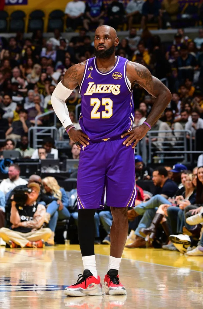 LeBron James of the Los Angeles Lakers looks on during the game against the Brooklyn Nets on March 27, 2026 at Crypto.Com Arena in Los Angeles, California. (Photo by Adam Pantozzi/NBAE via Getty Images) NBAE via Getty Images