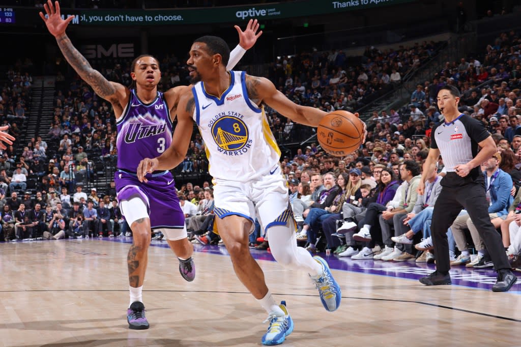 De’Anthony Melton of the Golden State Warriors drives to the basket during the game against the Utah Jazz on March 9, 2026 at Delta Center in Salt Lake City, Utah. NBAE via Getty Images