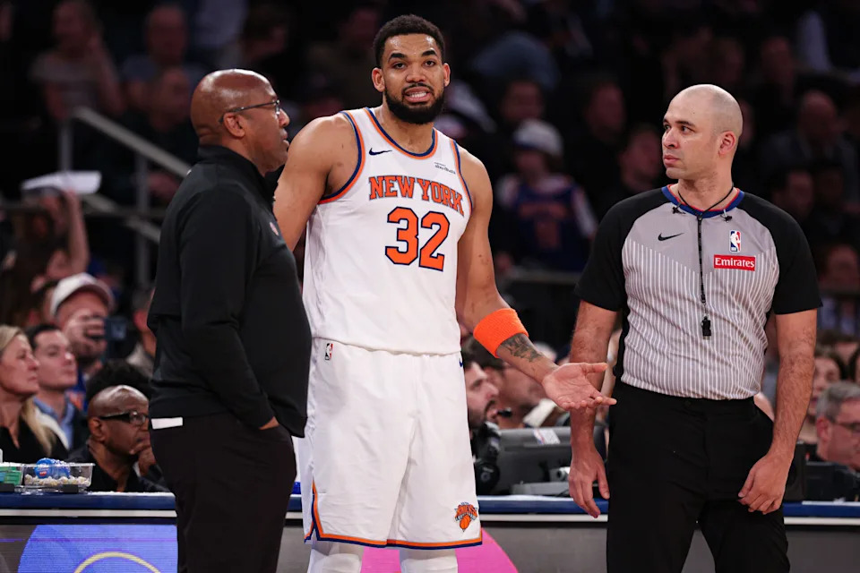 Mar 4, 2026; New York, New York, USA; New York Knicks center Karl-Anthony Towns (32) reacts after fouling out of the game during the second half against the Oklahoma City Thunder at Madison Square Garden. Mandatory Credit: Vincent Carchietta-Imagn Images