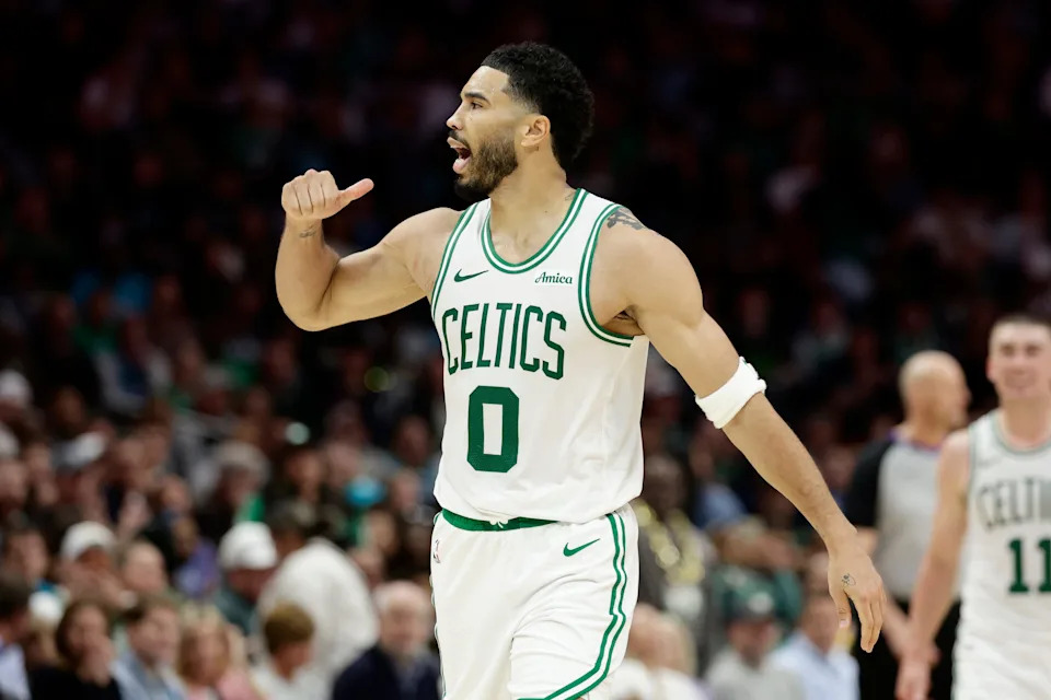 Mar 29, 2026; Charlotte, North Carolina, USA; Boston Celtics forward/guard Jayson Tatum (0) reacts to the crowd after making a basket during the second half against the Charlotte Hornets at Spectrum Center. Mandatory Credit: Brian Westerholt-Imagn Images