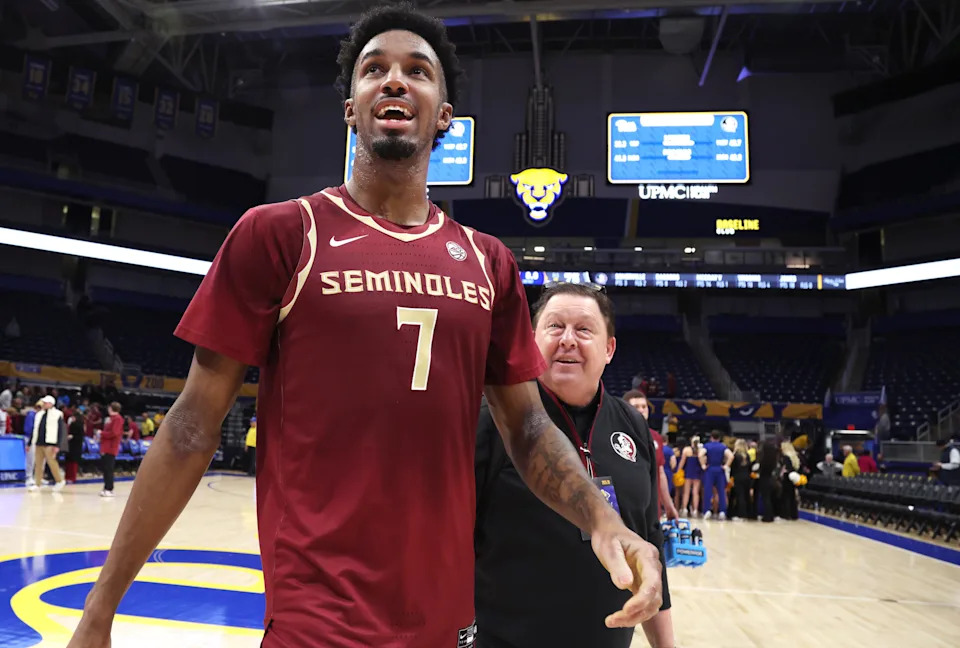 Mar 4, 2026; Pittsburgh, Pennsylvania, USA; Florida State Seminoles forward Chauncey Wiggins (7) reacts as he leaves the court after defeating the Pittsburgh Panthers at the Petersen Events Center. Mandatory Credit: Charles LeClaire-Imagn Images