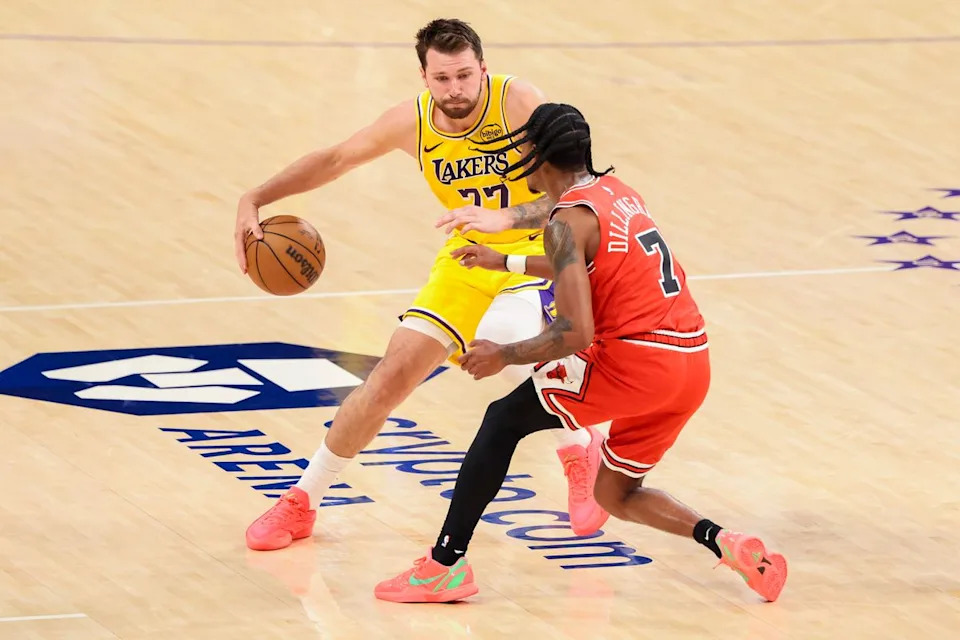 Luka Dončić #77 of the Los Angeles Lakers handles the bal against Rob Dillingham #7 of the Chicago Bulls during an NBA basketball game, Thursday March 12, 2026 in Los Angeles, Calif.