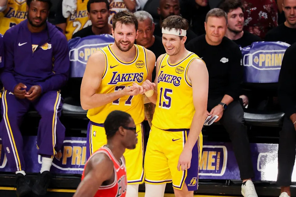 Luka Dončić #77 of the Los Angeles Lakers and Austin Reaves #15 of the Los Angeles Lakers smile together on the court during an NBA basketball game against the Chicago Bulls, Thursday March 12, 2026 in Los Angeles, Calif.