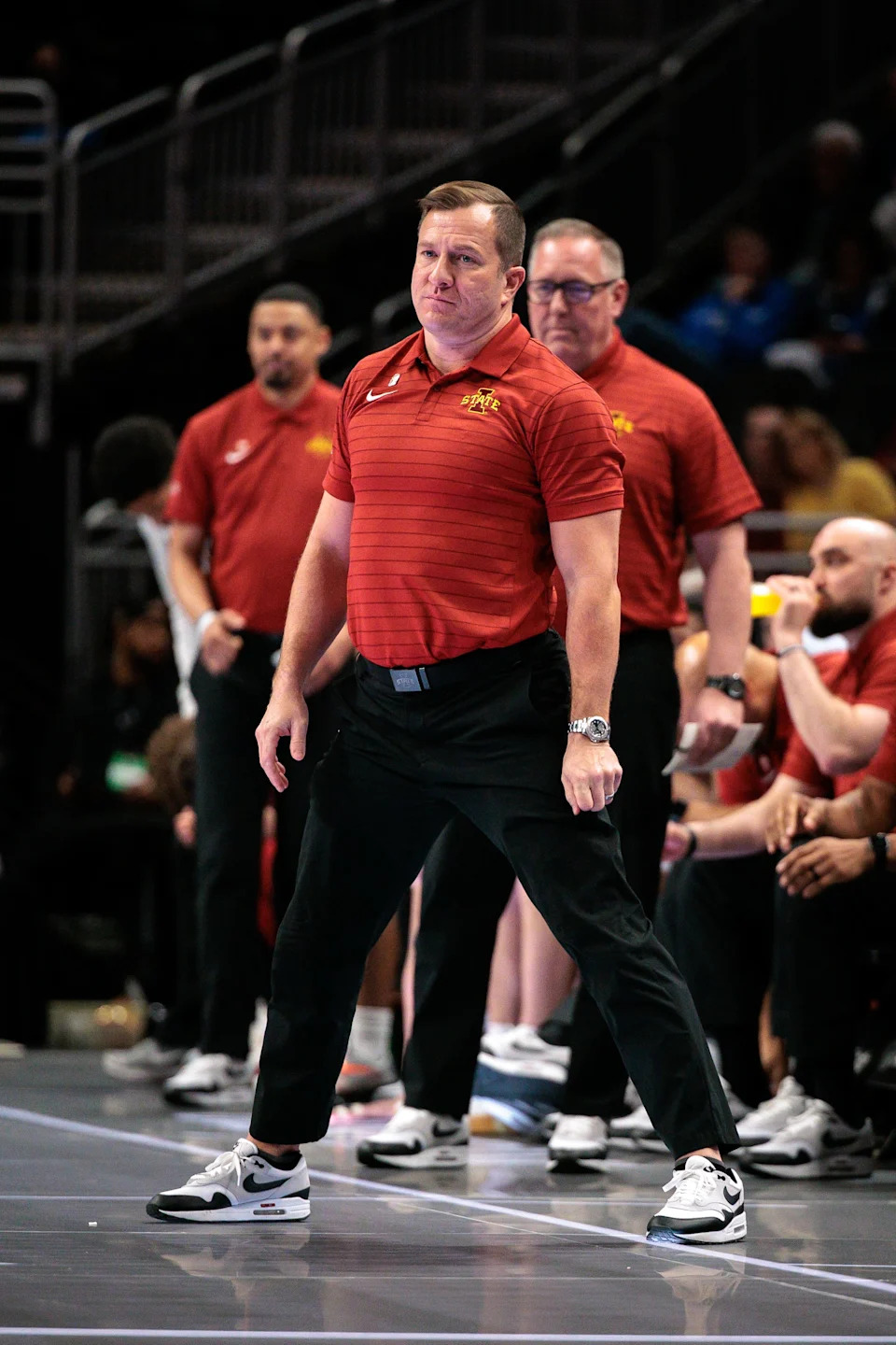 Mar 11, 2026; Kansas City, MO, USA; Iowa State Cyclones coach TJ Otzelberger watches game play during the first half against the Arizona State Sun Devils at T-Mobile Center. Mandatory Credit: William Purnell-Imagn Images