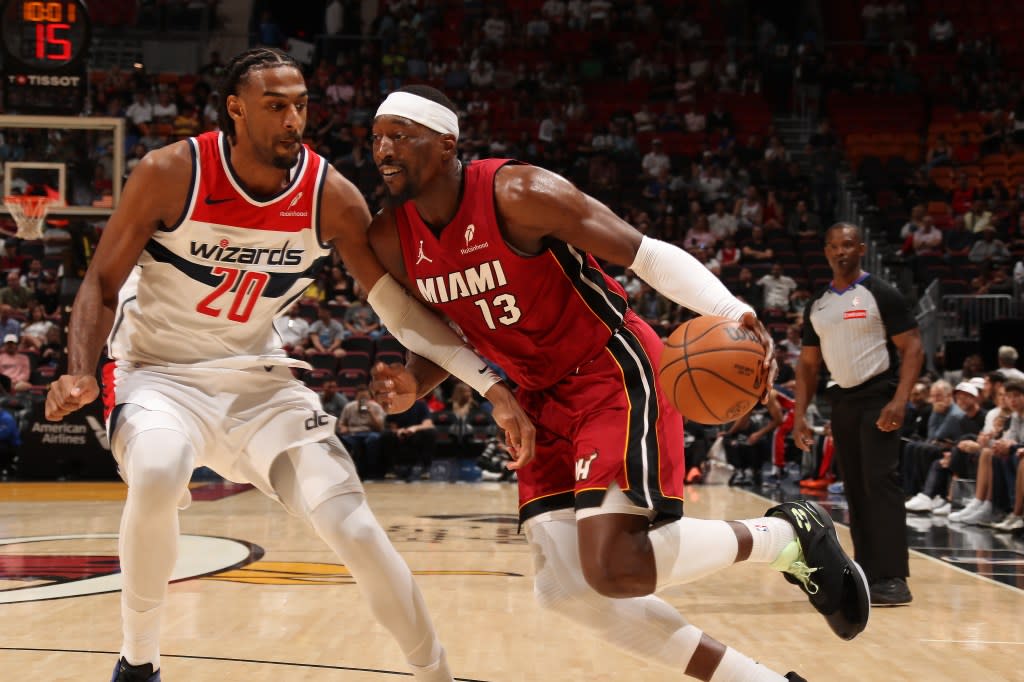 Bam Adebayo #13 of the Miami Heat drives to the basket during the game against the Washington Wizards on March 10, 2026 at Kaseya Center in Miami, Florida. NBAE via Getty Images
