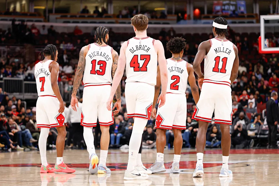 Mar 3, 2026; Chicago, Illinois, USA; Chicago Bulls guard Rob
Dillingham (7), center Nick Richards (13), center Lachlan Olbrich (47), guard Collin Sexton (2) and forward Leonard Miller (11) stand on the court during the second half of an NBA game against the Oklahoma City Thunder at United Center. Mandatory Credit: Kamil Krzaczynski-Imagn Images