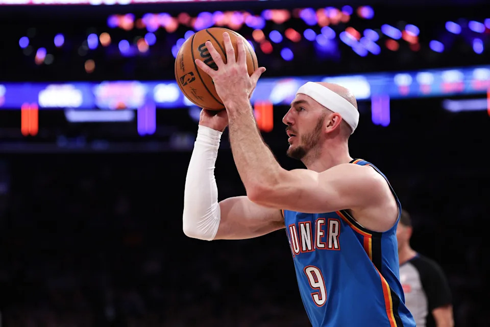Mar 4, 2026; New York, New York, USA; Oklahoma City Thunder guard Alex Caruso (9) shoots the ball against the New York Knicks during the first half at Madison Square Garden. Mandatory Credit: Vincent Carchietta-Imagn Images