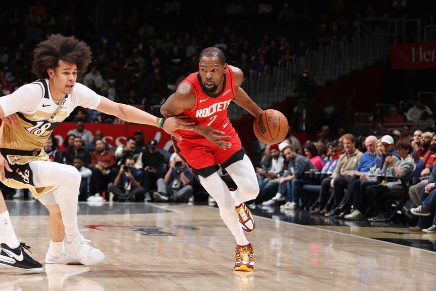 Kevin Durant of the Houston Rockets dribbles the ball during the game against the Washington Wizards.