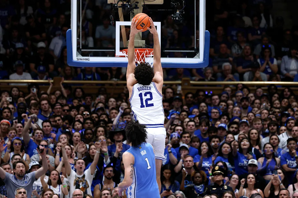 DURHAM, NORTH CAROLINA - MARCH 7: Cameron Boozer #12 of the Duke Blue Devils goes up for a dunk in the second half against the North Carolina Tar Heels at Cameron Indoor Stadium on March 7, 2026 in Durham, North Carolina. (Photo by Lance King/Getty Images)