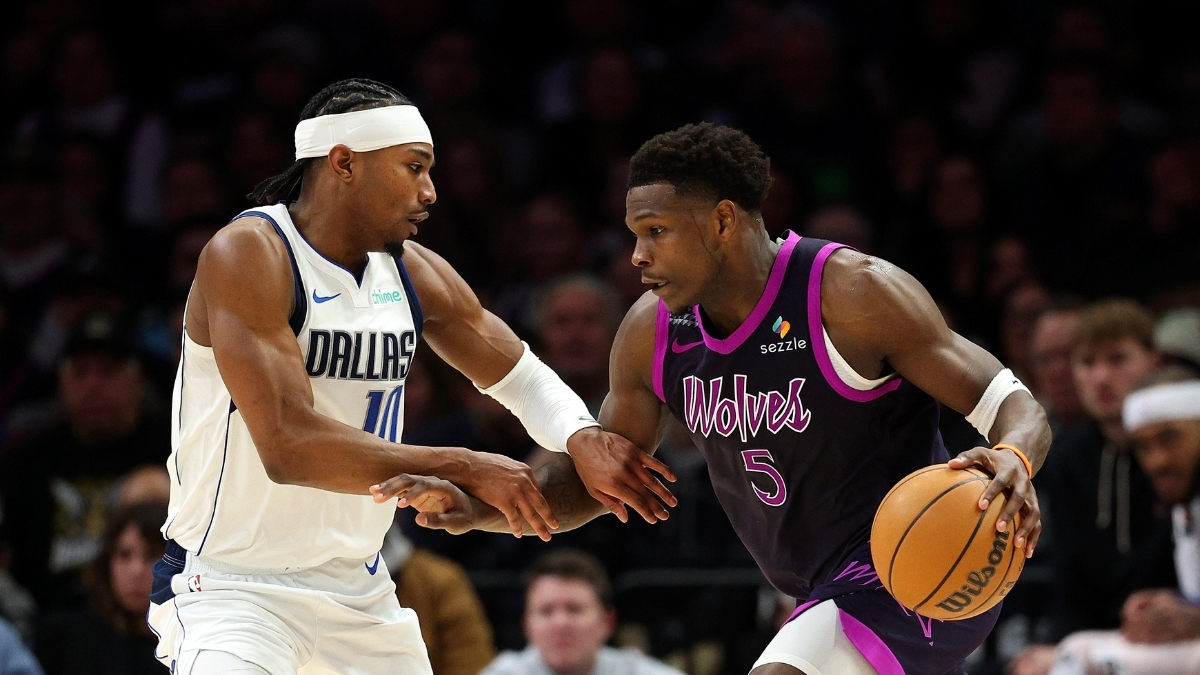 Anthony Edwards (#5) of the Minnesota Timberwolves drives to the basket against Brandon Williams (#10) of the Dallas Mavericks during a game at Target Center in February 2026.