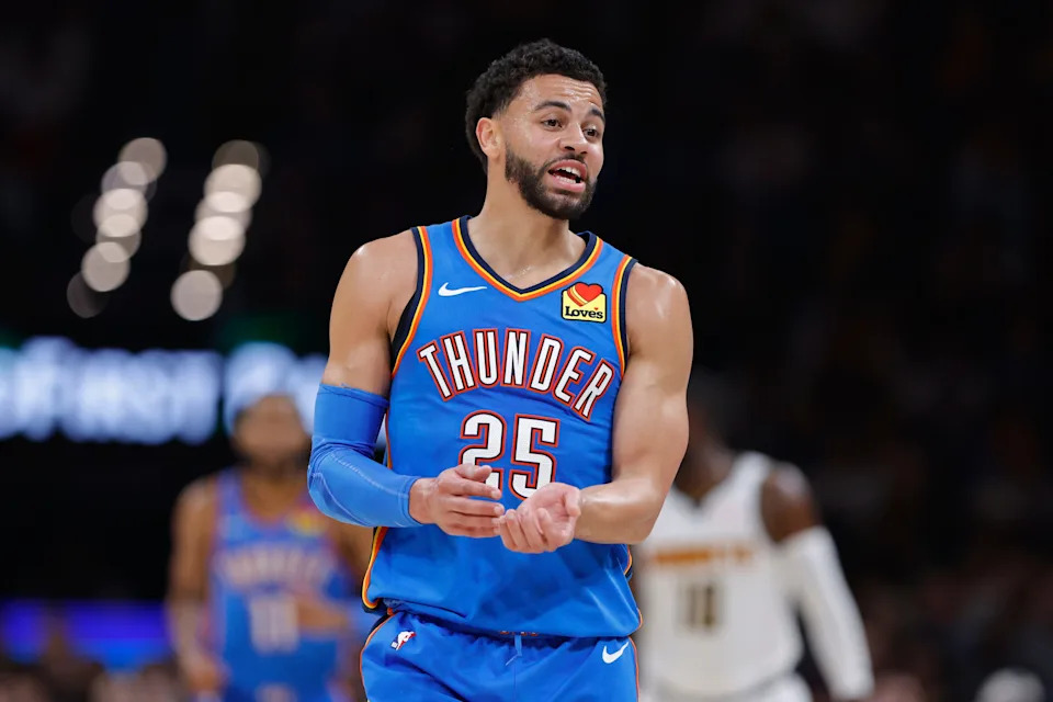 Mar 9, 2026; Oklahoma City, Oklahoma, USA; Oklahoma City Thunder guard Ajay Mitchell (25) talks to the bench after a play against the Denver Nuggets during the second quarter at Paycom Center. Mandatory Credit: Alonzo Adams-Imagn Images