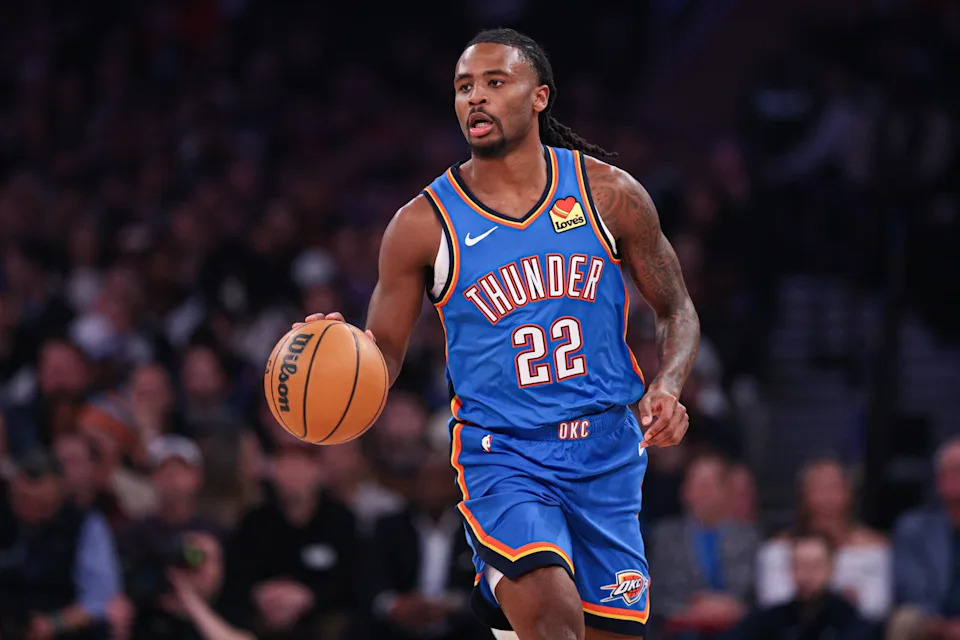 Mar 4, 2026; New York, New York, USA; Oklahoma City Thunder guard Cason Wallace (22) dribbles up court against the New York Knicks during the first half at Madison Square Garden. Mandatory Credit: Vincent Carchietta-Imagn Images