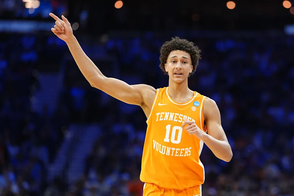 Mar 22, 2026; Philadelphia, PA, USA; Tennessee Volunteers forward Nate Ament (10) reacts against the Virginia Cavaliers in the second half during a second round game of the men's 2026 NCAA Tournament at Xfinity Mobile Arena. Mandatory Credit: Kyle Ross-Imagn Images