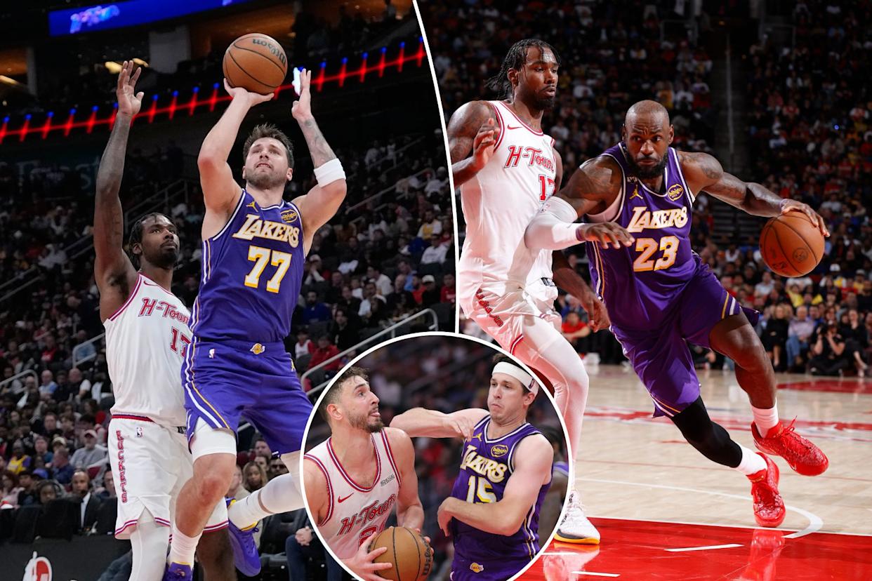 An image collage containing 3 images, Image 1 shows Lakers' Luka Doncic shoots as Rockets' Tari Eason defends, Image 2 shows LeBron James drives to the basket during a game against the Houston Rockets, Image 3 shows Alperen Sengun of the Houston Rockets dribbles the ball while Austin Reaves of the Los Angeles Lakers defends him