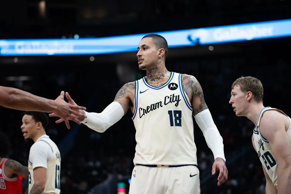 Milwaukee Bucks forward Kyle Kuzma (18) supports his teammate in the second half at Fiserv Forum during the team's game against the Chicago Bulls on Feb. 3, 2026, in Milwaukee, Wisconsin.