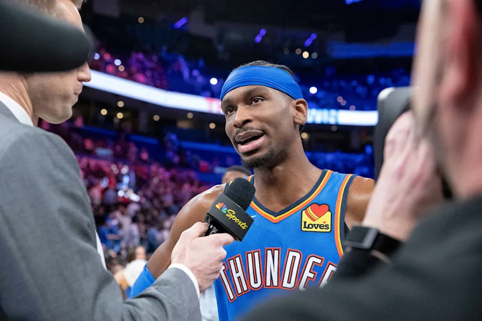 Mar 9, 2026; Oklahoma City, Oklahoma, USA; Oklahoma City Thunder guard Shai Gilgeous-Alexander (2) talks to the tv media after defeating the Denver Nuggets during the second half at Paycom Center. Mandatory Credit: Alonzo Adams-Imagn Images