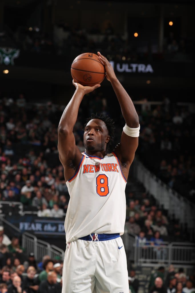 OG Anunoby of the New York Knicks shoots a free throw during the game against the Milwaukee Bucks on February 27, 2026 at Fiserv Forum Center in Milwaukee, Wisconsin. NBAE via Getty Images