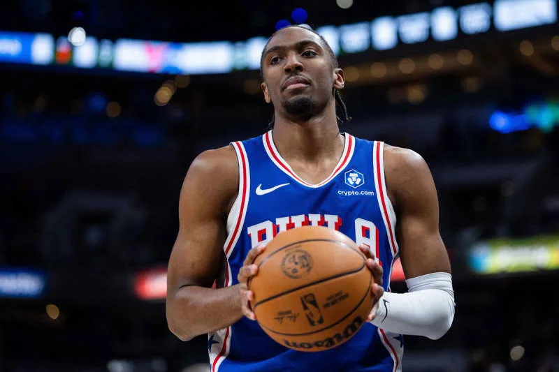 Feb 24, 2026; Indianapolis, Indiana, USA; Philadelphia 76ers guard Tyrese Maxey (0) in the first half against the Indiana Pacers at Gainbridge Fieldhouse. Mandatory Credit: Trevor Ruszkowski-Imagn Images