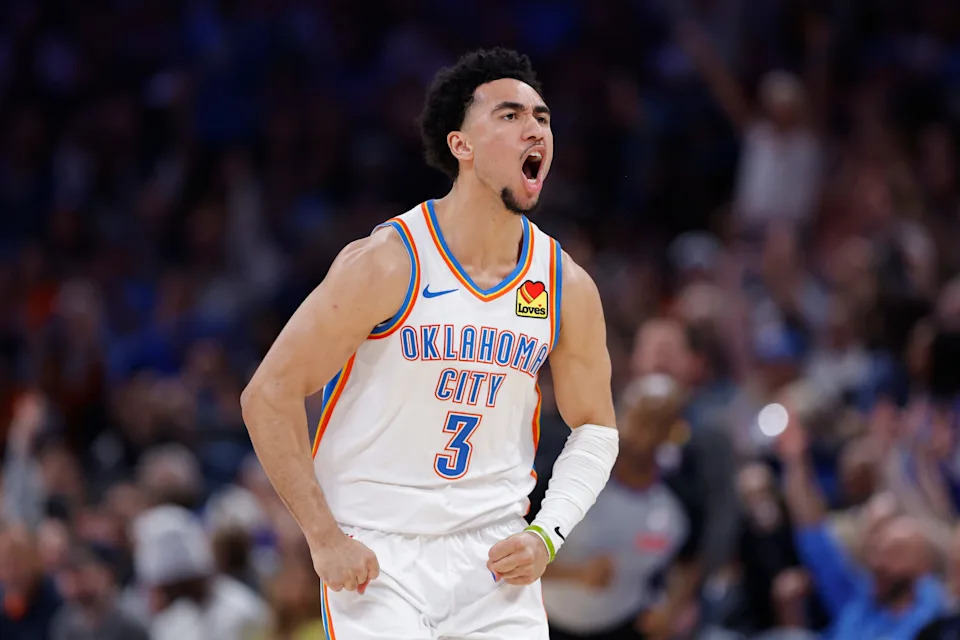 Mar 15, 2026; Oklahoma City, Oklahoma, USA; Oklahoma City Thunder guard Jared McCain (3) celebrates after scoring against the Minnesota Timberwolves during the second half at Paycom Center. Mandatory Credit: Alonzo Adams-Imagn Images