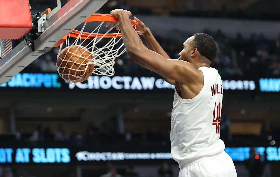 Cleveland Cavaliers center Evan Mobley dunks against the Dallas Mavericks on March 13, 2026, in Dallas, Texas.