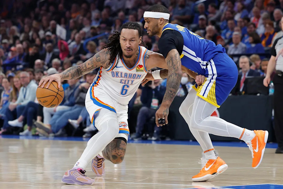 Mar 7, 2026; Oklahoma City, Oklahoma, USA; Oklahoma City Thunder forward Jaylin Williams (6) drives to the basket against Golden State Warriors guard Gary Payton II (0) during the first half at Paycom Center. Mandatory Credit: Alonzo Adams-Imagn Images