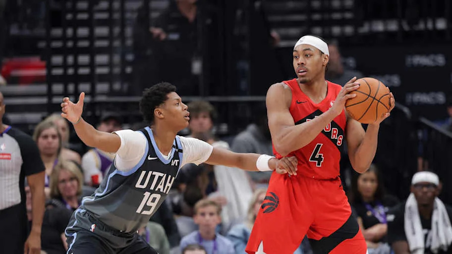 Toronto Raptors forward/guard Scottie Barnes protects the ball from Utah Jazz forward Ace Bailey