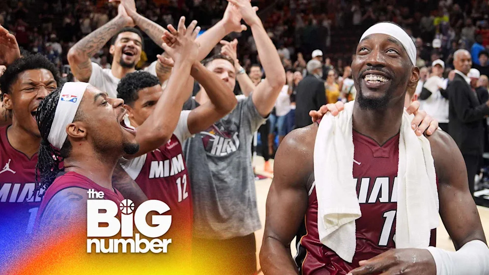 Miami Heat center Bam Adebayo celebrates with teammates after he scored 83 points, the second-highest single-game total in NBA history. (AP Photo/Rebecca Blackwell)