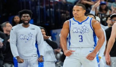 Orlando Magic guard Desmond Bane (3) reacts after sinking a 3-point shot against the Cleveland Cavaliers during the second half of an NBA basketball game, Wednesday, March 11, 2026, in Orlando, Fla. (AP Photo/John Raoux)