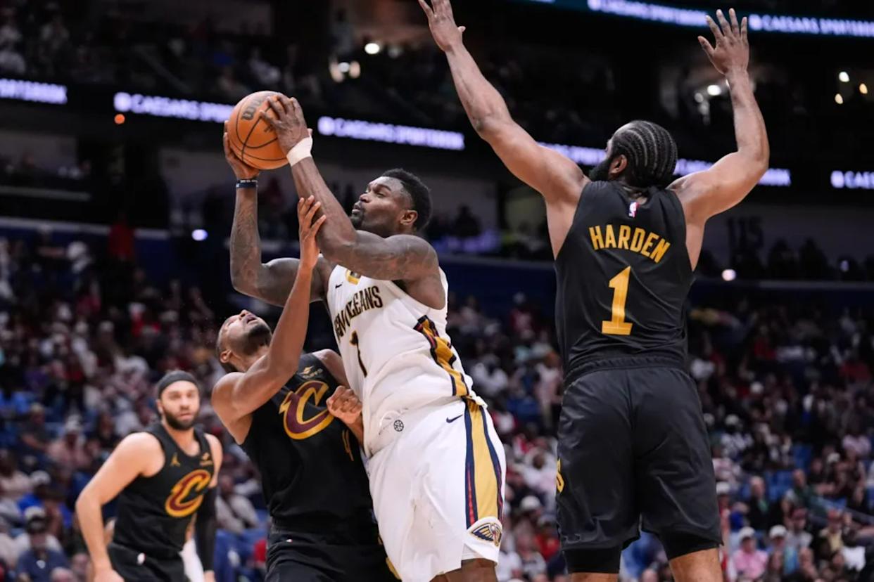 An image collage containing 1 images, Image 1 shows Zion Williamson (1) drives to the basket against Cleveland Cavaliers center Evan Mobley (4) and guard James Harden (1) in the second half of an NBA basketball game, Saturday, March 21, 2026, in New Orleans