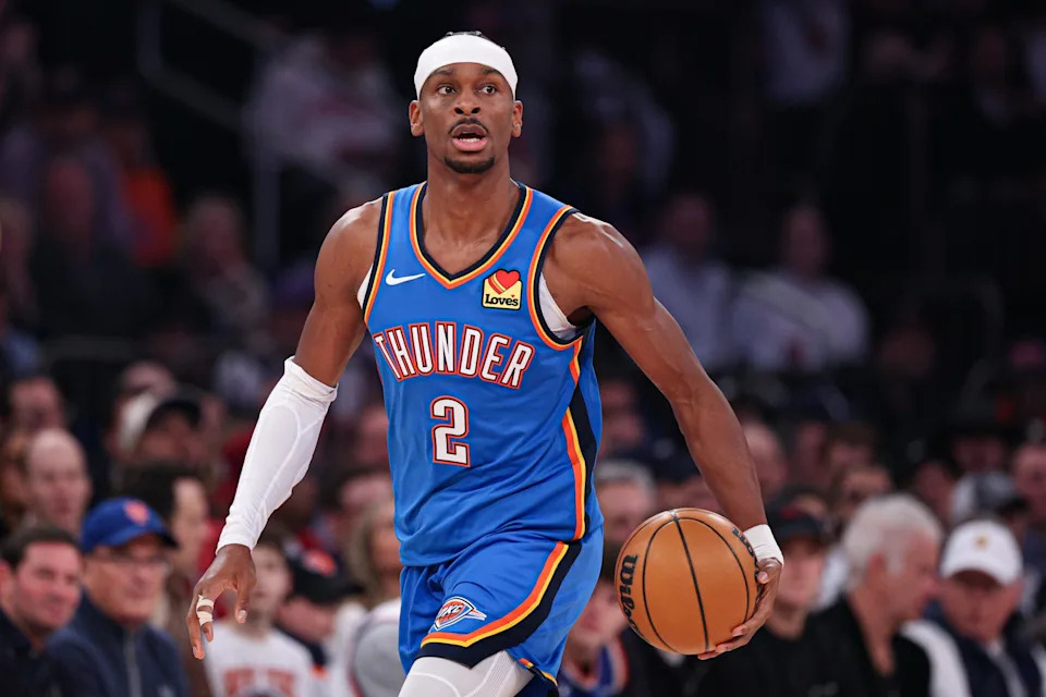 Mar 4, 2026; New York, New York, USA; Oklahoma City Thunder guard Shai Gilgeous-Alexander (2) dribbles up court against the New York Knicks during the first half at Madison Square Garden. Mandatory Credit: Vincent Carchietta-Imagn Images