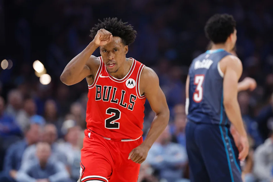 Mar 27, 2026; Oklahoma City, Oklahoma, USA; Chicago Bulls guard Collin Sexton (2) gestures after scoring against the Oklahoma City Thunder during the first quarter at Paycom Center. Mandatory Credit: Alonzo Adams-Imagn Images