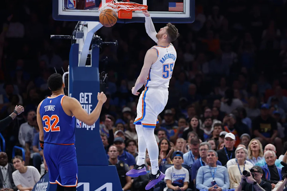 Mar 29, 2026; Oklahoma City, Oklahoma, USA; Oklahoma City Thunder center Isaiah Hartenstein (55) dunks against the New York Knicks during the first half at Paycom Center. Mandatory Credit: Alonzo Adams-Imagn Images